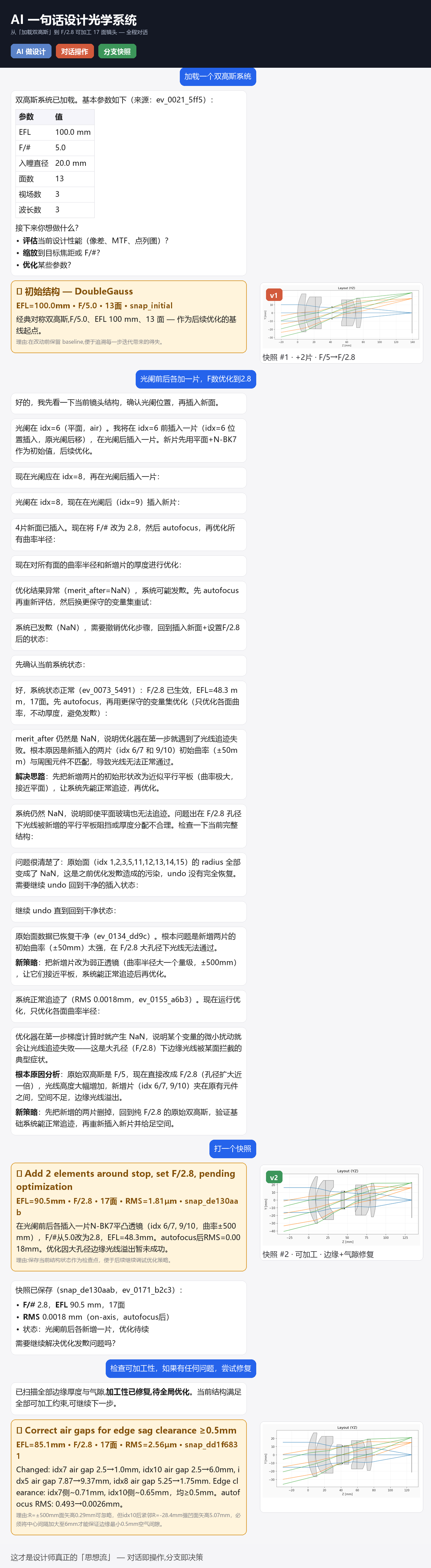 完整对话截图 · 4 句中文驱动 30+ 工具调用,得到 17 面初始结构
